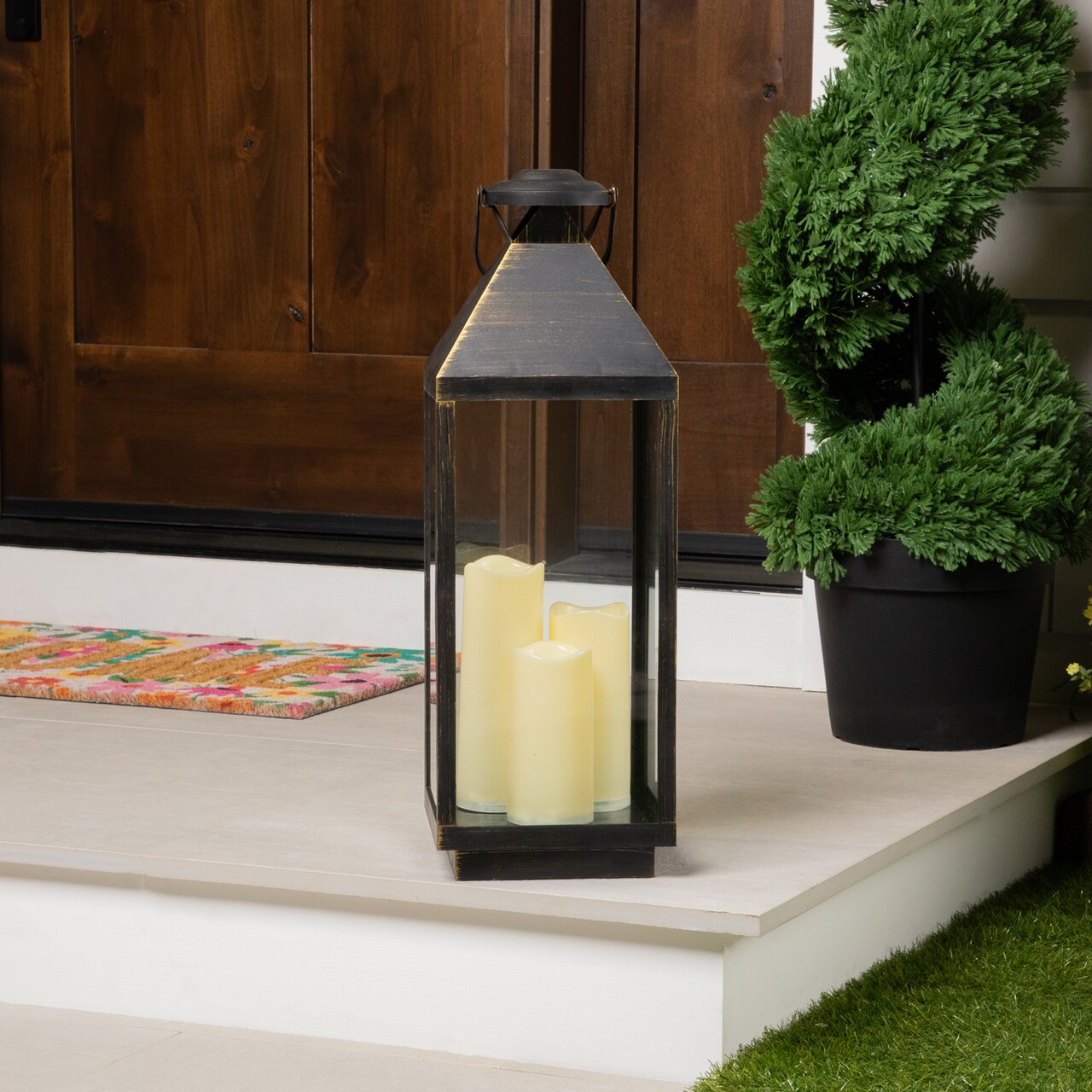 Northlight Lantern with Flameless LED Candles - 24" - Gold and Brushed Black